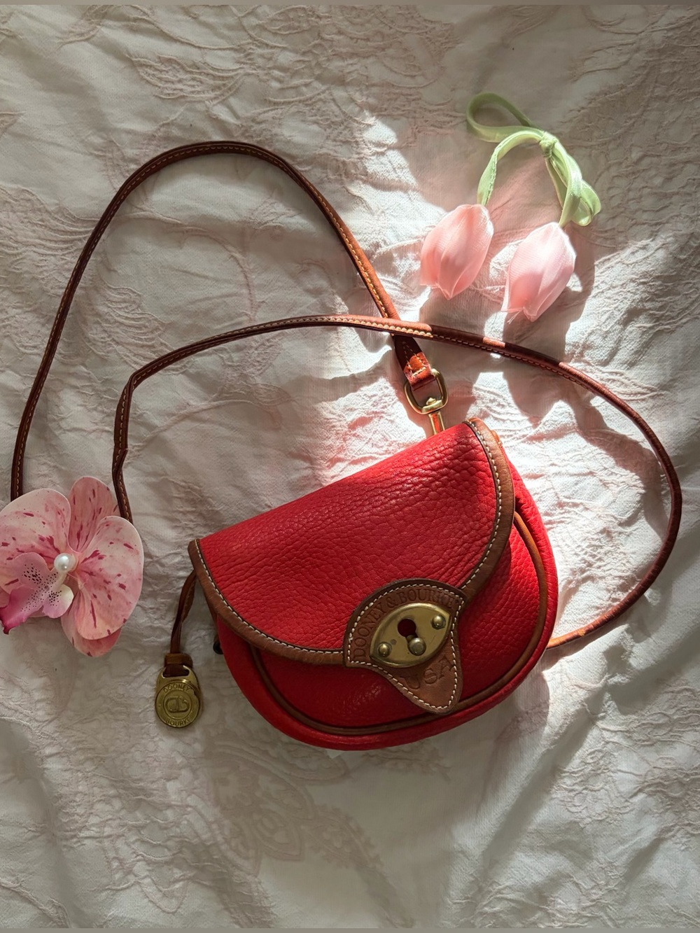 Dooney & Bourke Red Leather Saddle Crossbody with Tan Trim